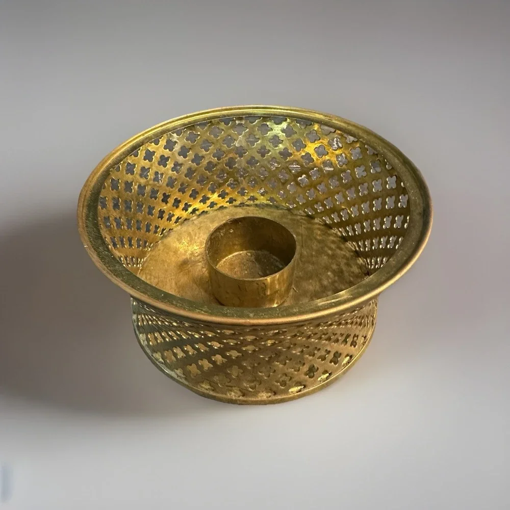 Vintage Brass Candle Holder Moroccan Lattice Quatrefoil Gold Votive Small Bowl